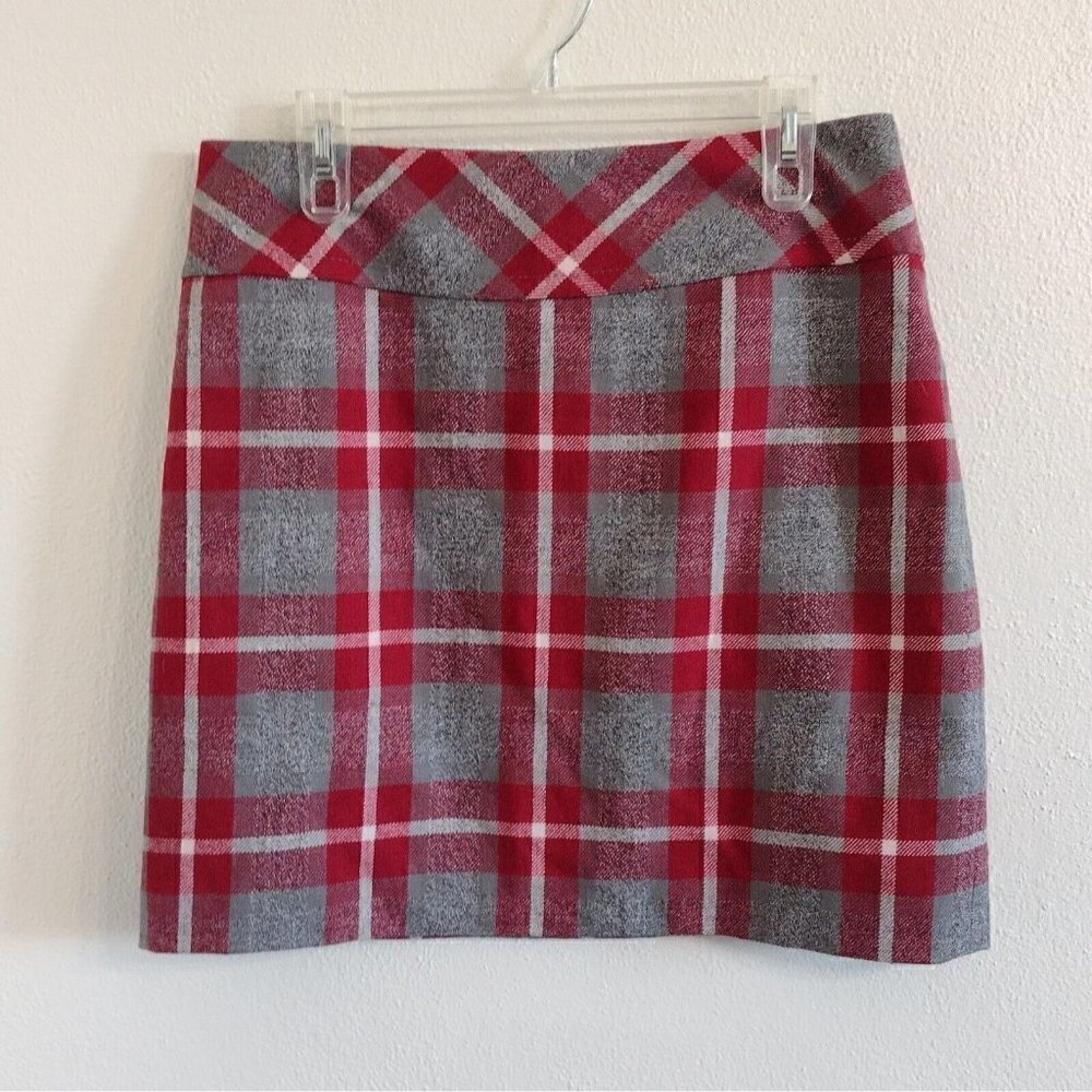Eddie Bauer Womens 10 Red Gray Plaid Pencil Skirt Wool Blend Lined READ